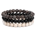 Three-piece set of 8mm natural stone bead bracelets in brown, black, and matte cream - Black Peacock Stone and Albite (FK1209)