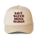 Detail of Save Water Drink Margs print on beige mesh trucker hat with white rope cord - All Khaki