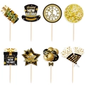 8-delige zwarte en gouden Happy New Year taarttoppers met feestelijke vormen en glitter - Nieuwjaarsthema Topper Set (J-0264)
