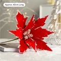 Red velvet artificial poinsettia flower with white frosted edges and 40cm green stem - Red Velvet Edge Christmas Flower