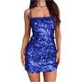 Close-up of blue large sequins texture on backless mini party dress for women - Blue