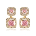 Luxurious gold-plated square drop earrings featuring pink crystals and pavé rhinestones - Gold Pink Zirconia