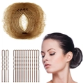 Brown hair bun maker set with synthetic fiber donut ring and metal U-shaped hairpins - 50 Brown Nets + 40 U-Pins / Brown