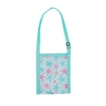 Light blue mesh beach bag for kids with colorful starfish prints and adjustable strap - Blue Green Starfish