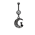 Detail of black crescent moon and cat belly ring with sparkling cubic zirconia stones - Moon Cat