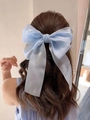 Elegant large light blue organza bow hair clip with a pearlescent finish for women - Blue