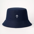 Macro detail of navy cotton twill bucket hat with minimalist white cross embroidery - One Size / Navy Blue