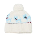 Dettaglio del berretto in maglia bianca con motivo jacquard cane blu e pompon soffice - M(56-58cm) / Bianco