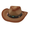 Ethnic Western straw cowboy hat with bohemian tassels, turquoise beads and coins - Camel + Red Brown (Ethnic Style)