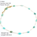 Macro detail of 18K gold plated stainless steel necklace with green stone beads and pearls - Light Green Stone Pearl Style (S-N564)