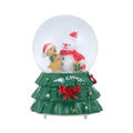 Nahaufnahme der Weihnachtsschneekugel mit Schneemann, Hund und festlicher Basis - Nr. 80 Leuchtende Musik Weihnachtsbaum Schneemann Schneekugel
