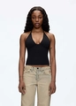 Slim fit black halter neck top with deep V-neckline in a minimalist style for women - XS / Black