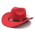 Detail of red wool felt cowboy hat featuring silver leaf metal and leather trim band - Red