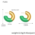 Golden C-shaped stainless steel earrings with green oil drip finish, 3.1cm diameter - Green Enamel Earrings (F1251) / Green