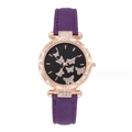 Women's quartz watch with purple leather strap and butterfly patterns on black dial - Purple