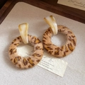 Detailed view of leopard print plush hoop earrings with beige resin stud and soft texture - Leopard Print Plush Hoops (No. 7 Silver Earring Post - Light Coffee)