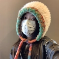 Maillard style cream white knitted balaclava with colorful trim and ear protection - Gradient-Beige
