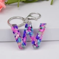 Colorful resin letter W keychain with vibrant stone inlay and silver keyring - Letter W