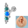 Detailed view of 16G curved labret with blue opal and teal gems on ear model - Curved Cluster 1 OP05+Blue Zircon