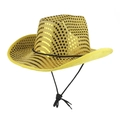 Golden sequin western cowboy hat with adjustable strap for stage performance and festivals - One Size / Yellow