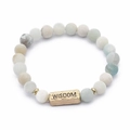 Elastic natural stone bead bracelet with a gold metal plate engraved with WISDOM - Blue White Grey Matte Stone-Wisdom