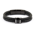 Double-layered black braided leather bracelet with black magnetic clasp and silver charm - One-Segment Steel Bead Style / Black