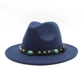 Dark blue wide brim wool fedora hat with turquoise leather band and silver studs - M (56-58cm) / Navy Blue