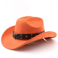 Close-up of orange suede cowboy hat featuring a leather band with metal bull head stud - M (56-58cm) / Orange