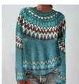 Blue crew neck jacquard knit sweater with Nordic geometric patterns and loose fit - 3XL / Tops / 9116# Lake Blue