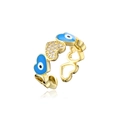 Close-up of golden open ring featuring blue enamel evil eye hearts and pavé zircon stones - Adjustable Open / Sky Blue
