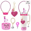 6-piece rose pink glitter accessory set for Stanley cups featuring heart charm and strap - Pink Brilliant 6pcs Set (No Cup)