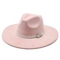 Pink wide brim suede fedora hat with white belt strap and silver buckle detail - M(56-59CM) / Pink (Suede)