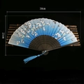 Blue gradient folding fan with plum blossom patterns and matching blue silk tassel - Spring Garden (Blue)