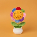 Nahaufnahme einer bunten handgehäkelten Sonnenblume in einem weißen Keramiktopf - Siebenfarbige Sonnenblume