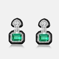 Boucles d'oreilles Art Déco en argent S925 avec pierre émeraude et émail noir chic - Pierre Principale Octogone