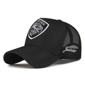Gorra trucker negra con bordado de cabeza de león y malla transpirable para protección solar - Negro con bordado blanco