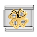 Italian modular charm featuring golden four-leaf clover with inlaid crystals on silver base - Silver Base Gold Clover