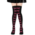 Detail of black over-the-knee socks with pink crossbone pattern for Halloween cosplay - One Size / Rose Red Bone/Black