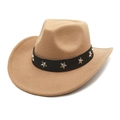 Close-up of camel felt cowboy hat with black leather band and silver star studs - M (56-58cm) / Camel