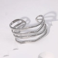 Minimalist wide silver stainless steel cuff bracelet with irregular wavy layered texture - Steel
