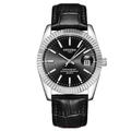Men's quartz watch with black leather strap, silver metal case and date display - Black Strap Silver Case Black Dial Men's