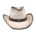Ethnic Western cowboy hat in cream with distressed edges and turquoise leather band - White & Black (Blue Turquoise)