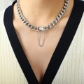 Collar de cadena cubana plateada con hebilla cuadrada y cadena de seguridad fina - Collar-40cm / Color Acero
