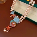 Vintage style double-layer pearl necklace with colorful rhinestone shell and starfish charms - Shell Starfish Double Layer Pearl Necklace (Colorful)