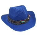 Close-up of a blue Western cowboy straw hat with colorful ethnic bead and tassel details. - Sapphire Blue