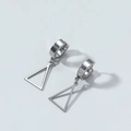 Close-up of silver titanium steel earrings featuring minimalist triangle charm drop - Triangle Style