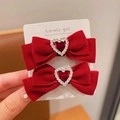 Pair of red velvet bow hair clips with rhinestone heart detail for children - Heart Bowknot