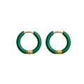 Detail view of gold earrings with green enamel finish and secure hinge closure mechanism - Green