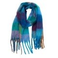 Detailed view of checkered scarf with chunky tassels in blue and purple plaid texture - Blue (07#)