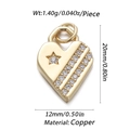 Detailed view of a gold heart pendant with star inlay and precise dimensions in inches - CX138-3 (Gold Star Zircon Heart Pendant)